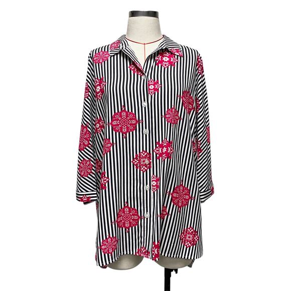Chicos Womens Size 2 Stripe Printed High Low Button Up Shirt - Picture 2 of 10